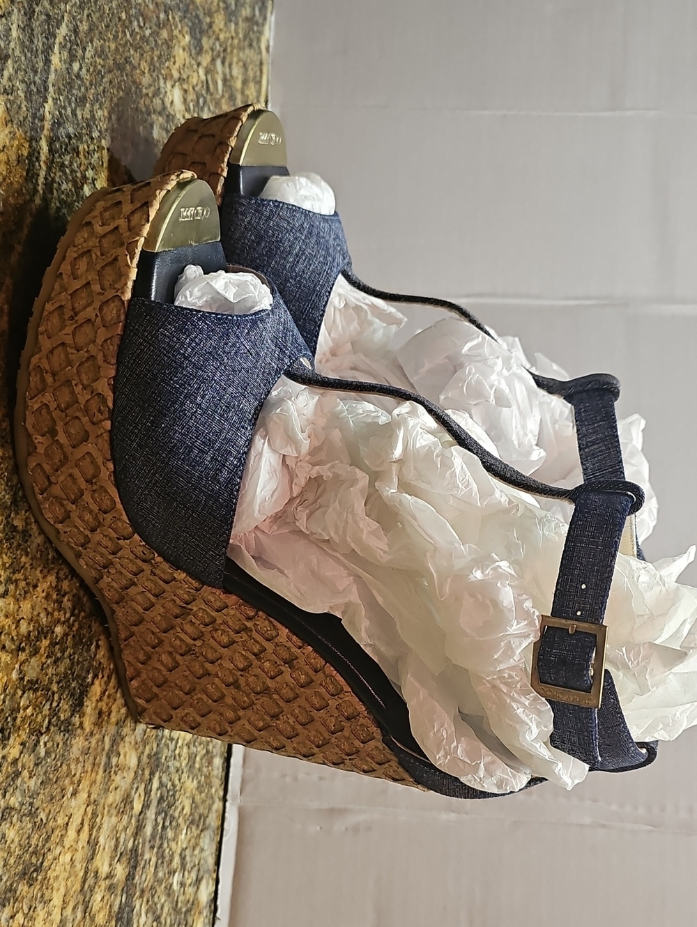 Jimmy Choo Pela Denim Blue T- Strap Wedge Sandals